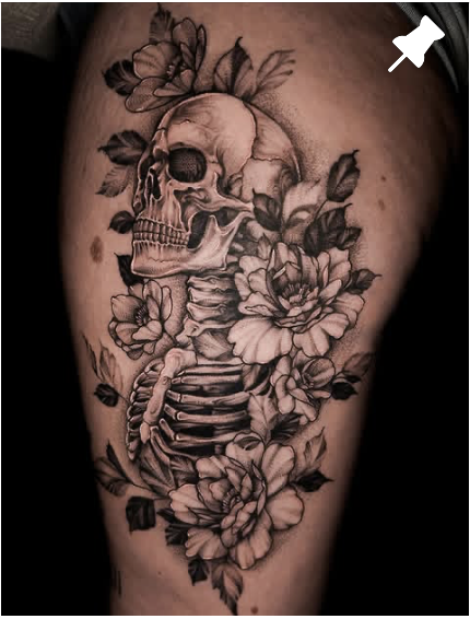 Skeleton and peonies tattoo by Allee B.